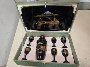 Vtg. AIZU Japanese Black Laquer Cocktail & Tray Set + Case by IMAOKA Trading Co. - Picture 1 of 14