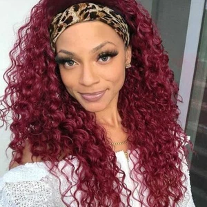 Headband Wigs Long Burg Red Kinky Curly Wigs for Black Women Burgundy Synthetic - Picture 1 of 7