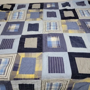 Pottery Barn Kids Twin Patchwork Plaid Quilt Navy Blue Textured - Picture 1 of 10