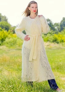 Ivory long mohair cardigan soft white sweater light hand knitted wrap SUPERTANYA - Picture 1 of 12