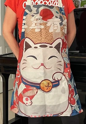 2 pcs Aprons Mom & Kid Sleeveless Fortune Cat Household Japanese Good Luck Linen - Image 1 of 4