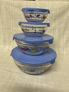 Vintage 4 Stackable Food Storage Floral Glass With Lid - Picture 1 of 4
