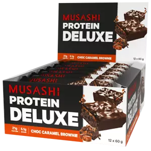 MUSASHI Deluxe Protein 12 x 60g Bars - Choc Caramel Brownie P21.1g C8.8g F9.5g - Picture 1 of 1