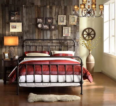 Marco de cama de hierro tamaño queen granja campo victoriano husillo estilo rústico vintage Foto 1 de 4