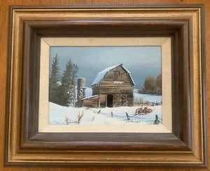 ROBERT McFARREN Orig 6.5" x 4.5" Painting - Winter BARN w Windmill & Water Tower - Foto 1 di 6