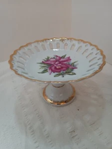 Plato Nabco pintado a mano celosía de iris adorno dorado en pedestal, núcleo de casa, granja - Imagen 1 de 5