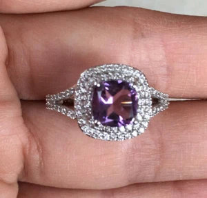 925 Sterling Silver Cushion Natural Amethyst Halo Split Shank Engagement Ring - Picture 1 of 9