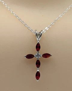 New 925 Sterling Silver Delicate Created Ruby Cross Crucifix Chain Necklace - Picture 1 of 8