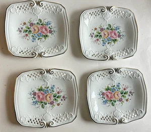Gerold Porzellan Pierced Roses Gold Trim Square Plate W.Germany Set of 4 Bavaria - Picture 1 of 13