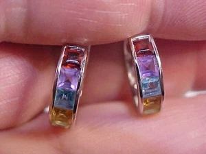 ESTATE MULTI GEMSTONE HUGGIE HOOP EARRINGS 14K WHITE GOLD - Picture 1 of 9