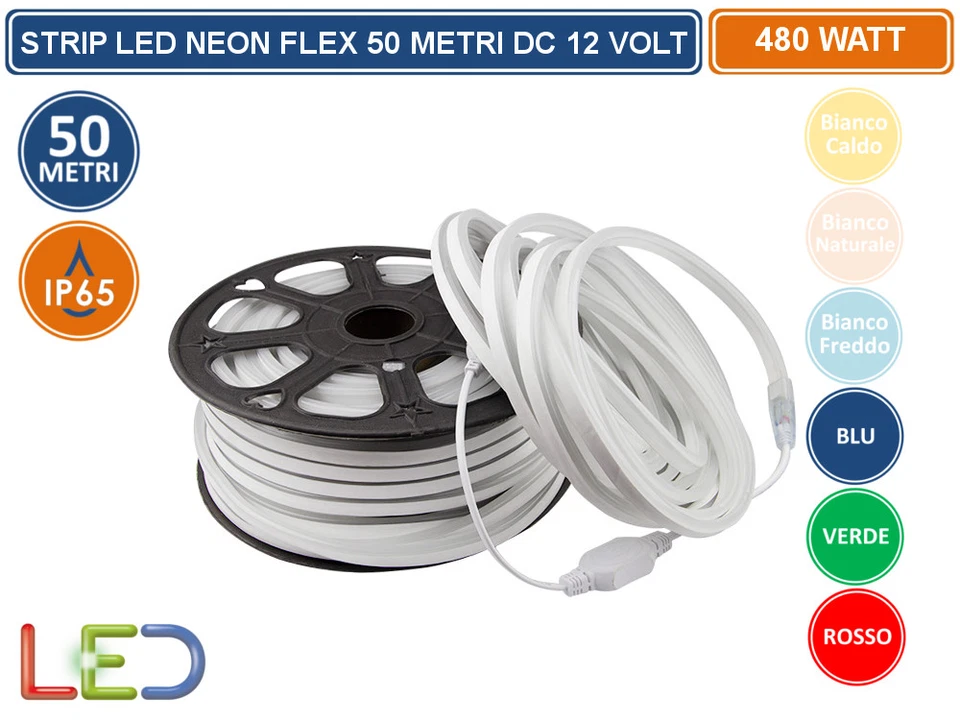 BOBINA STRISCIA LED NEON FLEX DA 50 METRI SMD 2835 480WATT IMPERMEABILE IP65 12V - Immagine 1 di 1