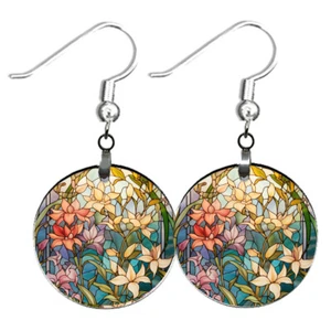 Honeysuckle Floral Earrings Faux Stained Glass Art Print June Birth Month Flower - Picture 1 of 6