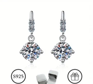 2 Total Carat Moissanite Hanging Earrings Sterling Silver Hypoallergenic - Picture 1 of 6