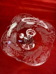 Vtg Crystal Clear Square Round Corners Pedestal Bowl w Etched Peacocks & Flowers - Picture 1 of 21