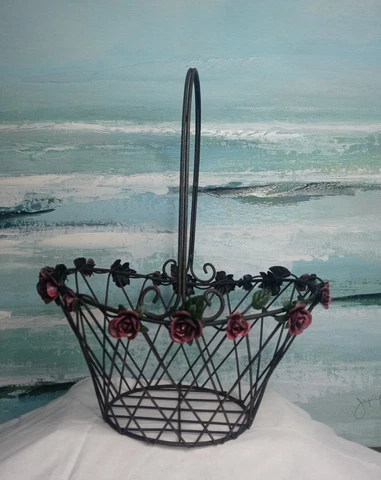 Vintage Metal Wire Handled Basket With Red Roses Decorative Country Farmhouse Cover