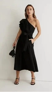 Madewell Ruffled One-Shoulder Midi Dress Black Size 0 NWT - Picture 1 of 9