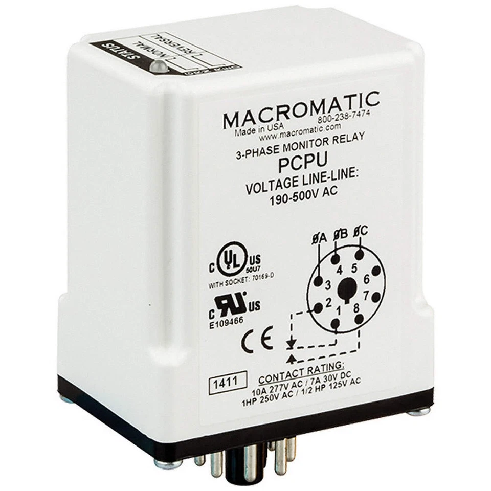 MACROMATIC PCPU Phase Monitor Relay,190-500VAC,Plug,SPDT 45LU83 - Image 1 of 1