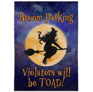 Halloween Broom Parking 12x18in Garden Flag Spooky Witch Front Yard Home Decor - Picture 1 of 1