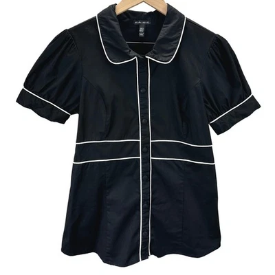 FANG Y2K Puff рукав женщин размер M кнопка спереди рубашка черный резинке трубки вырезка - Изображение 1 из 4