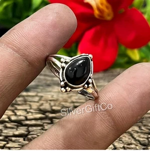 925 Sterling Silver Teardrop Black Onyx Ring | Boho Gemstone Ring | Ha  All Size - Foto 1 di 12