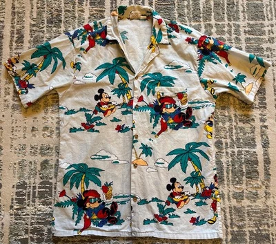 De colección~Descalzos en el paraíso~Disney~Camisa hawaiana~Mickey Mouse~años 90~Aloha~Hombres M Foto 1 de 4