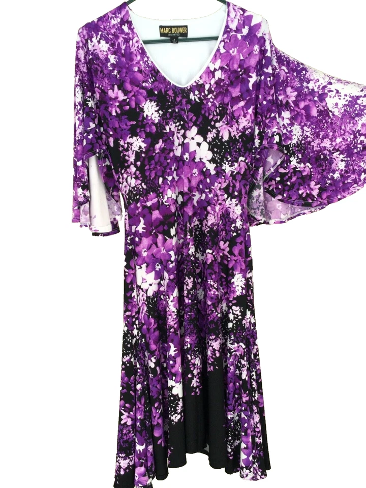 Marc Bouwer Purple Floral Dress White Print Size Small Fit & Flare Wedding Party - Image 1 of 4