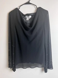 Adrianna Papell Sequin Blouse Medium Black long Sequin Bell sleeve Sheer - Picture 1 of 5