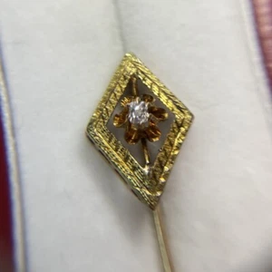 Antique 14K Yellow Gold Diamond Filigree Victorian Edwardian Hat Lapel Stick Pin - Picture 1 of 11
