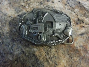 Vintage Bergamot Brass Works Belt Buckle Farm Barn Tractor Dog Wheat 1981 - Picture 1 of 3