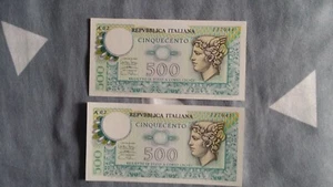 2 banconote consecutive 500 LIRE MERCURIO - serie RARA-A02 - FDS  -  - Bild 1 von 2