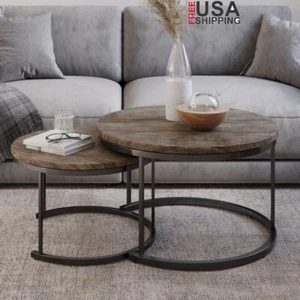 2 Piece Nesting Round Coffee Table Set Living Room Side Tables Indoor Outdoor US - Picture 1 of 6