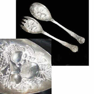 Elegant Silverplate Serving Set, Fork Spoon, Embossed Fruit & Leaf Pattern 9"