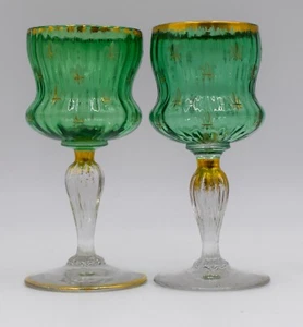 Daum Nancy French Art Glass Wines - Circa 1920 Green & Gold Wine Glasses - Bild 1 von 8