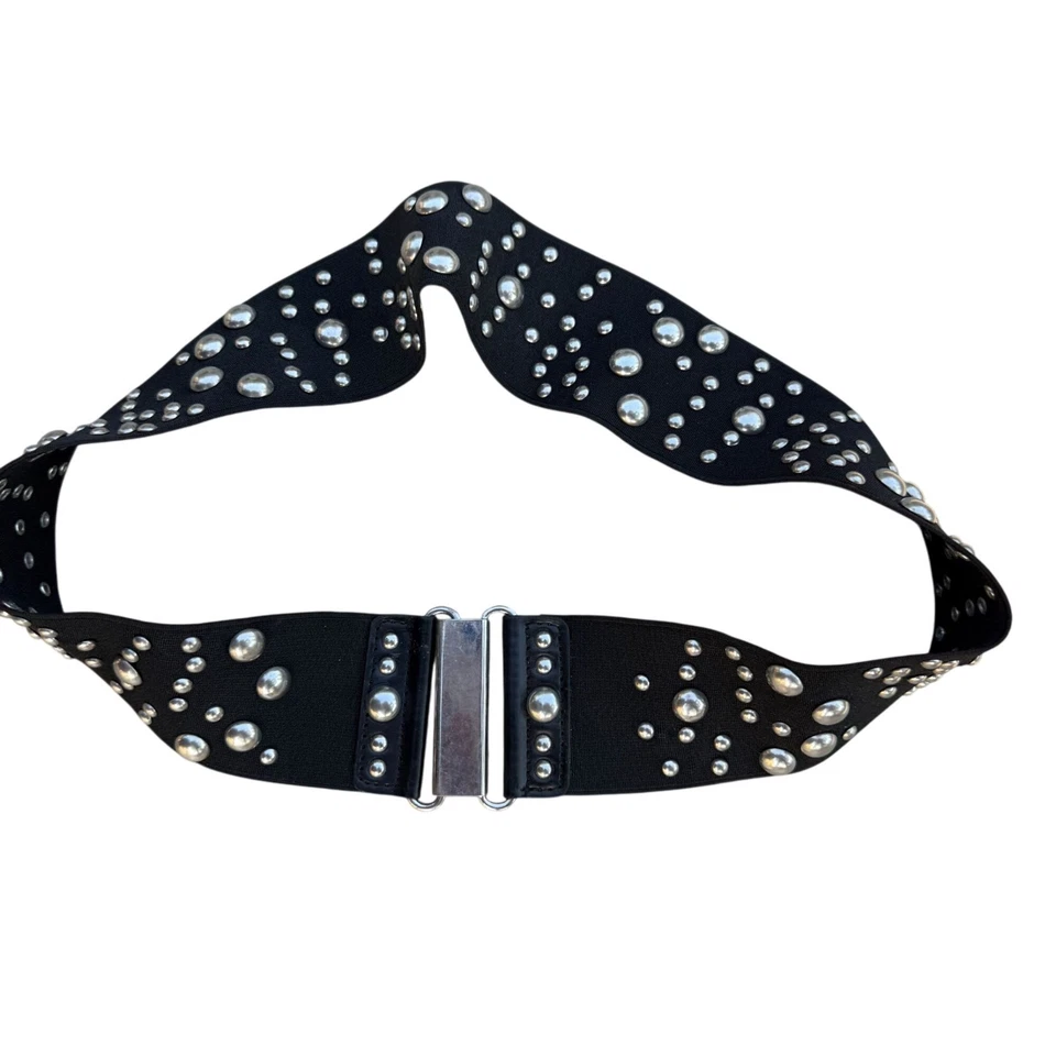 Betsey Johnson Leather Stretch Embellished Clasp Belt Medium Black Silver - Image 1 of 4