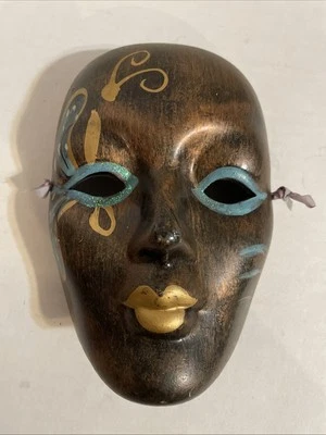 Hand Painted Masquerade Mask Hang Decorative 90s Ceramic Brown Copper Blue 7.5” - Image 1 of 4