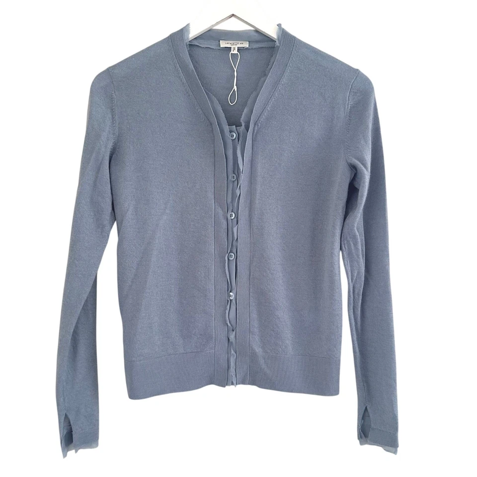 Cárdigan Suéter Azul Lafayette XXS Chifón Seda Borde 100% Cachemira - Leer Foto 1 de 4
