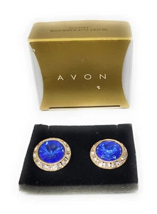 Vintage Avon Large Faux Sapphire Surrounded by Clear Rhinestone ClipEarrings New - Picture 1 of 5