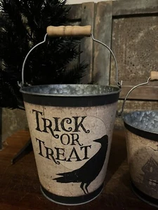 Crow / Raven Trick or Treat Primitive Halloween Metal Bucket w wood Bail Handle - Picture 1 of 4