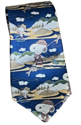 Peanuts Necktie Snoopy & Woodstock Fishing Vintage Novelty Cartoon 100% Silk - Image 1 of 4
