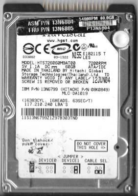 HITACHI HTS726060M9AT00 60GB IDE HARD DRIVE P/N: 08K0849  MLC: DA1019 - Image 1 of 2