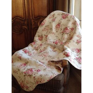 Chic Shabby Spring Rose Quilted Throw Pink Floral Farmhouse Victorian Cotton - Picture 1 of 2
