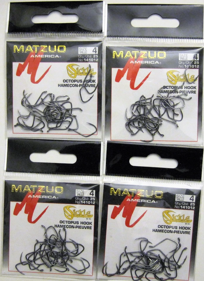 100 Matzuo Fishing 141012 Black Octopus Sickle Fish Hooks Size 4 (4 pks of 25)