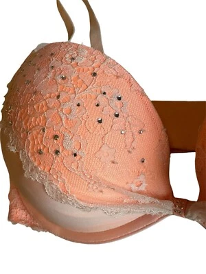 VS Victorias Secret Padded Demi Bra Women's SZ 36D Peach/Orange Rhinestone Lace - Image 1 of 4