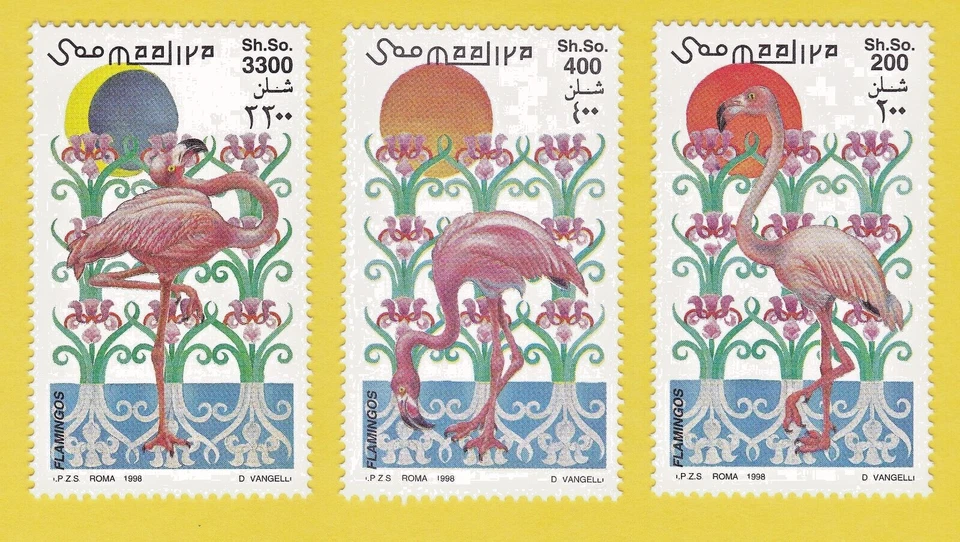 JUEGO DE ESTAMPILLAS DE FLAMENCOS 1998 3 AVES INDIVIDUALES ANIMALES SALVAJES SOMALIA SOL FRANQUEO MNH Foto 1 de 1
