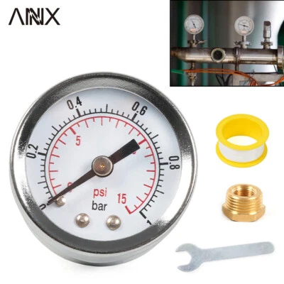 1/8INCH NPT Pressure Gauge 0-15 PSI w/3/8IN Back Mount 1.5IN Face Diameter - Image 1 of 4