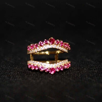 Yellow Gold Plated Ring Ruby Simulated Diamond Enhancer Guard Wrap Wedding Ring - Image 1 of 4
