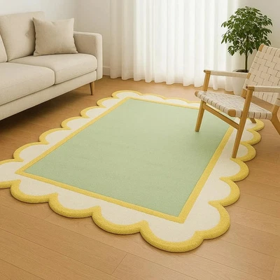 Modern Scalloped Edge Area Rug | Green and Yellow Hand Tufted Carpet - Image 1 of 4
