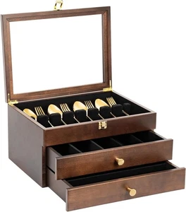 Premium Silverware Storage Box, 3 Layers Wooden Silverware Chest Case - Walnut - Picture 1 of 9