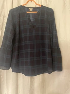 J Crew Blouse Blue Green Bell Sleeve V Neck Semi Sheer Womens Large - Picture 1 of 4
