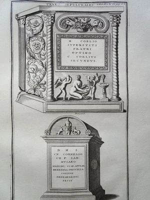 Urnes röm. Grabstein Ornamente Nekropole Leda Schwan Montfaucon Kupferstich 1722 - Bild 1 von 2